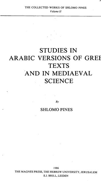 Studies in arabic versions of greek texts and in mediaeval science