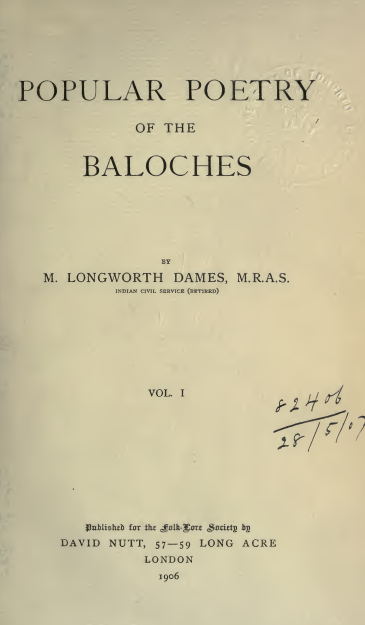 POPULAR POETRY OF THE BALOCHES