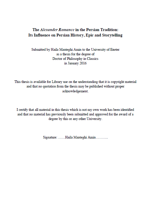 The Alexander Romance in the Persian Tradition: Its Influence on Persian History, Epic and Storytelling (PhD thesis)