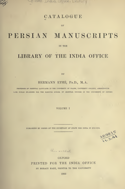 CATALOGUE OF PERSIAN MANUSCEIPTS IN THE LIBRAEY OF THE INDIA OFFICE