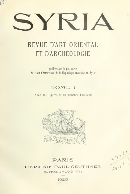SYRIA; REVUE D'ART ORIENTAL ET D'ARCHEOLOGIE