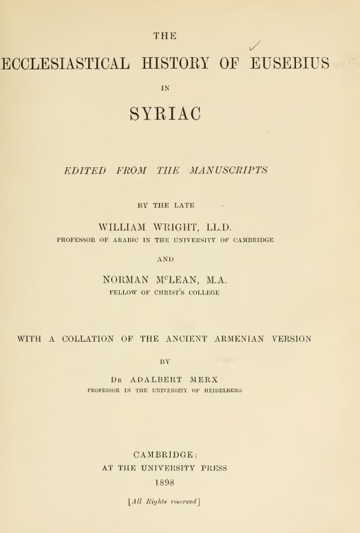 THE ECCLESIASTICAL HISTORY OF EUSEBIUS IN SYRIAC