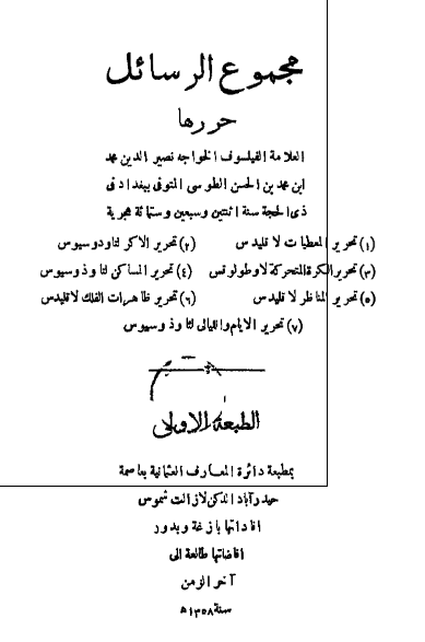 مجموع الرسائل: تحریر المعطیات، تحریر المناظر، تحریر ظاهریات الفلک لاقلیدس، تحریر الاکر لتاودوسیوس، تحریر الساکن لتاوذوسیوس، تحریر الکره المتحرکه لاوطولوتس، تحریر الایام و اللیالی لتاوذوسیوس