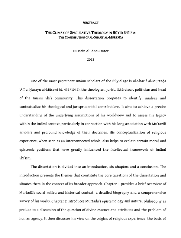 The Climax of Speculative Theology in Buyid Shi'ism: The Contribution of al-Sharif al-Murtada