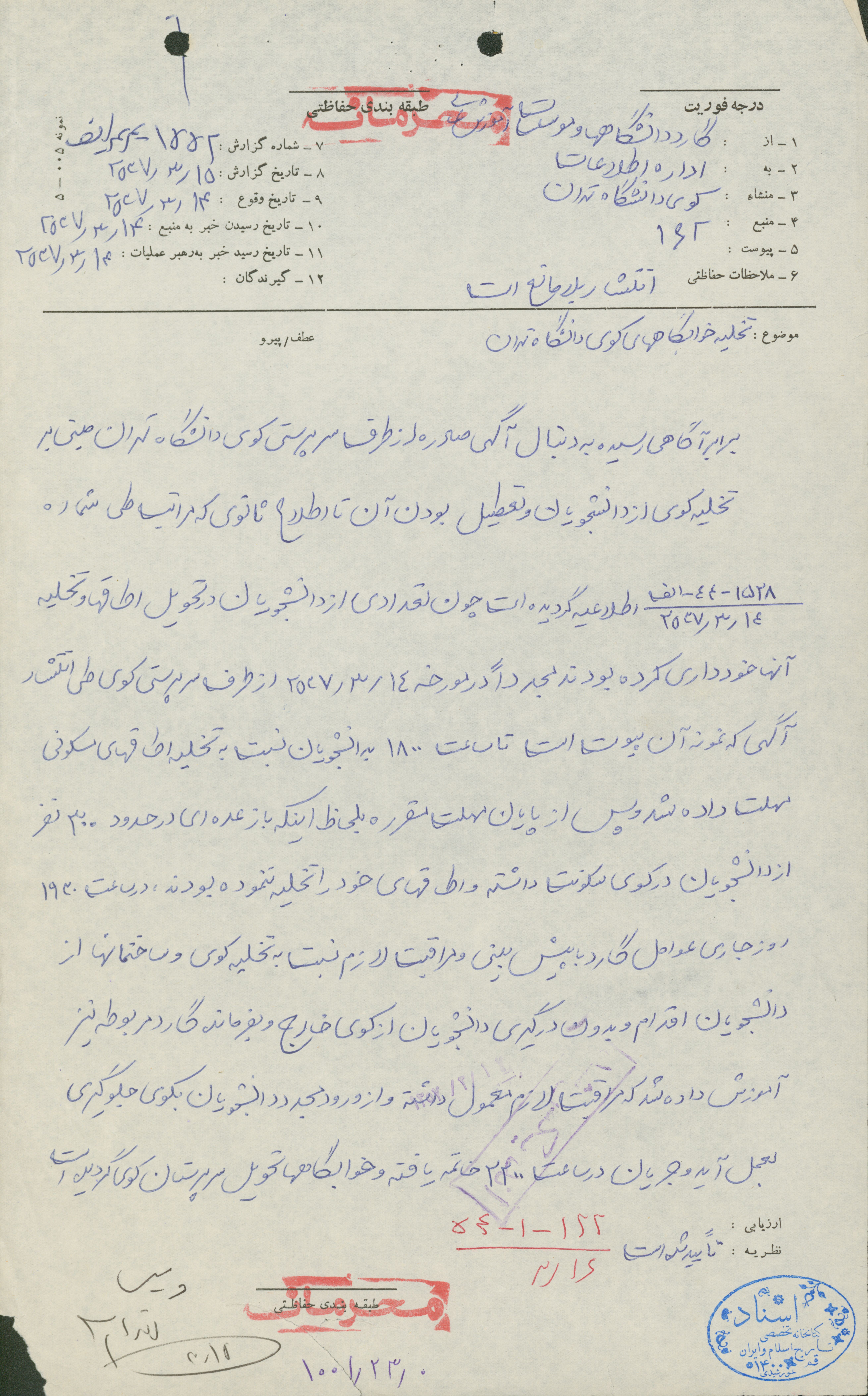 گزارش ساواک درباره تعطیلی خوابگاه های کوی دانشگاه تهران