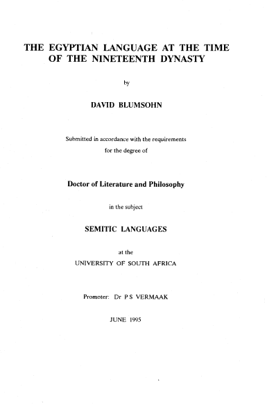 THE EGYPTIAN LANGUAGE AT THE TIME OF THE NINETEENTH DYNASTY (PhD thesis)