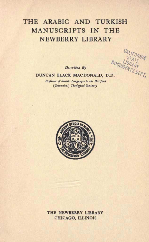 THE ARABIC AND TURKISH MANUSCRIPTS IN THE NEWBERRY LIBRARY